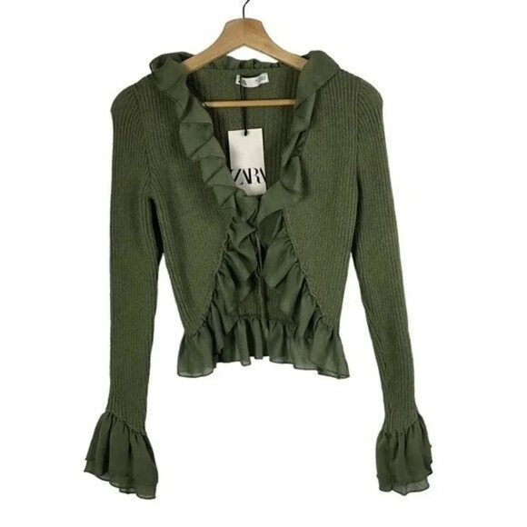 Zara Green Ribbed Ruffle Trim Cardigan Sweater S - Picture 3 of 5
